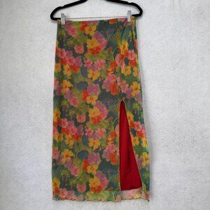 Urban Outfitters Skirt Womens Medium Green Pink Floral Mesh Lined Side Slit Midi